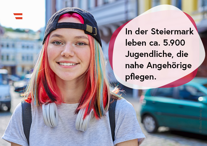Portraitbild einer weiblichen Jugendlichen; Textinformation: In der Steiermark leben ca. 5.800 Jugendliche, die nahe Angehörige pflegen