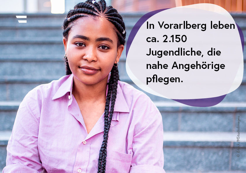 Portraitbild einer weiblichen Jugendlichen; Textinformation: In Vorarlberg leben ca. 2.150 Jugendliche, die nahe Angehörige pflegen