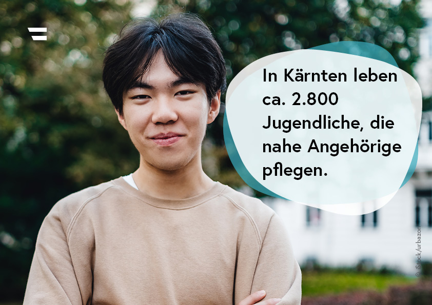 Portraitbild eines männlichen Jugendlichen; Textinformation: In Kärnten leben ca. 2.800 Jugendliche, die nahe Angehörige pflegen
