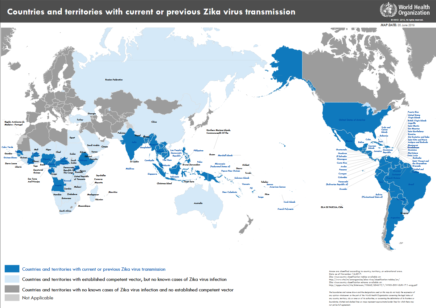 Countries and territories with current or previous Zika virus transmission (WHO)