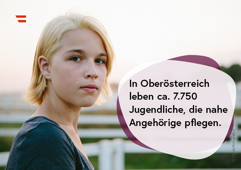 Portraitbild einer weiblichen Jugendlichen; Textinformation: In Oberösterreich leben ca. 7.750 Jugendliche, die nahe Angehörige pflegen