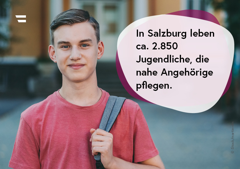 Portraitbild eines männlichen Jugendlichen; Textinformation: In Salzburg leben ca. 2.800 Jugendliche, die nahe Angehörige pflegen